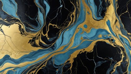a close up of a painting marbled paper background, blue black and gold.