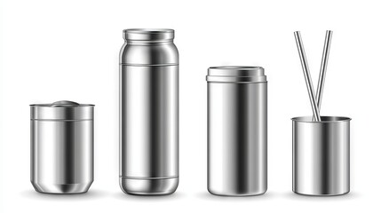 68.Vector mockup of a set of stainless steel drink containers, including an insulated water bottle, tumbler with lid, and metal drinking straw, each item rendered with a polished, metallic finish, on