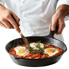 Chef preparing delicious shakshuka in a skillet with fresh ingredients.