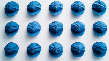 17.Top-down shot of several blue caps lined up in rows on a white background, each cap aligned perfectly, showcasing their simple, uniform design and vivid color.