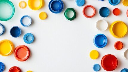 63.Arrangement of various bright-colored bottle caps and plastic bottles, laid out in a circular pattern, emphasizing the concept of recycling and reuse, isolated against a pure white backdrop.