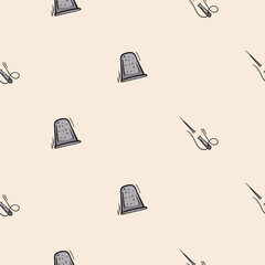 Seamless pattern with needle and thimble. Vector background associated with handmade, needlework.