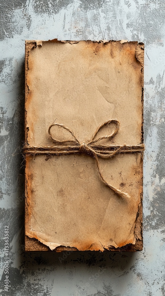 Poster textured brown craft paper tied with twine sits atop an aged, rustic surface. its simplicity and vin
