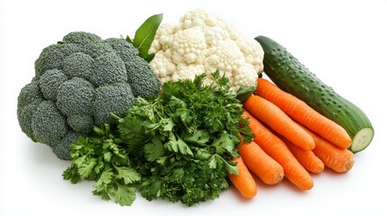 Fresh vegetables including broccoli, cauliflower, carrots, cucumber, and cilantro arranged on a white background for healthy eating