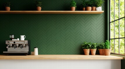 Green Kitchen Espresso Bar with Plants and Window