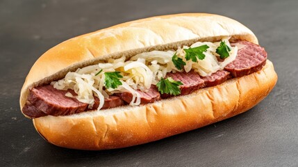 Delicious and Savory Sandwich with Layers of Tender Meat, Sauerkraut, and Fresh Parsley on a Soft Bun Perfect for Lunch or Snack Enjoyment