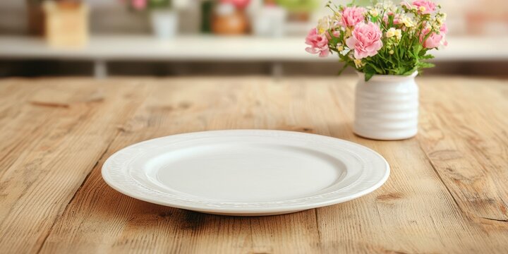 Empty Plate on Rustic Wooden Table with Pink Flowers