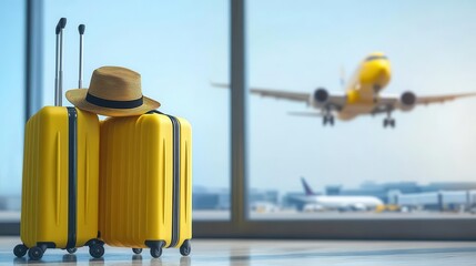 Travel image with suitcases sitting near a large window at an airport's departure gate