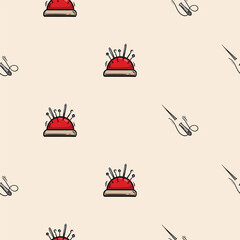 Seamless pattern with pincushion, needles and pins. Vector background associated with handmade, needlework