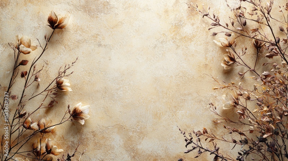 Poster delicate branches and flowers frame a square blank space against a warm brown background, inviting c