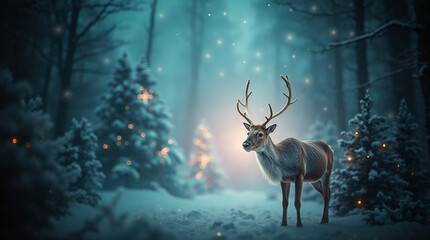 Festive winter scene with a reindeer in a snowy landscape during the holiday season