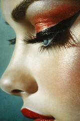Fototapeta premium Elegant close-up of a woman's face showcasing striking makeup with bold eyeshadow and lipstick against a textured background