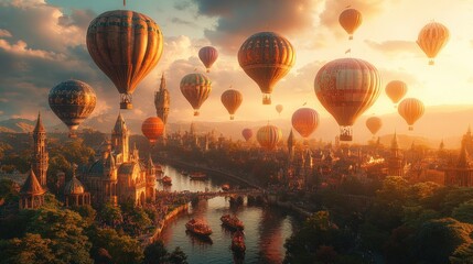 Fototapeta premium Sunset fantasy city, numerous hot air balloons.