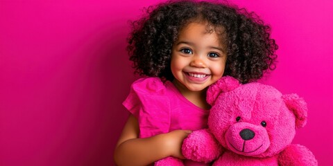 Fototapeta premium A happy child hugs a pink toy bear. AI.