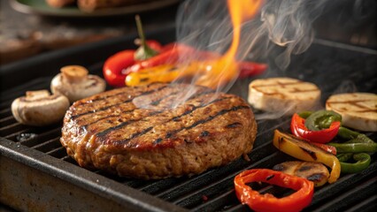 A closeup reveals a plantbased burger patty sizzling on a grill with flames licking the edges. Its surface is caramelized perfectly with gentle grill marks enhancing its