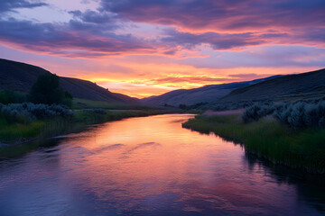 Fototapeta premium River flowing through a tranquil valley, reflecting the rich colors of the sunset sky above
