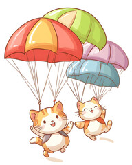 Whimsical and playful illustrations of cats in various humorous scenarios, featuring vibrant doodle art