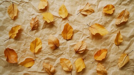 Fototapeta premium 83.Variety of yellow and brown leaves scattered over a fibrous paper background, creating a rich, autumnal scene with emphasis on texture and warm tones.