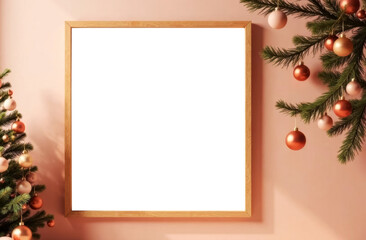 wooden frame hangs on wall next to decorated christmas tree covered in mocha mousse colors