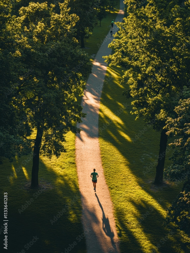 Poster a runner makes their way down a winding path, surrounded by tall trees and vibrant green grass, illu