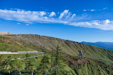 View of the southern foot of Mt. Shirane in summer from the highest national highway in Japan.