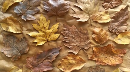 78.Assortment of brown and yellow leaves with intricate veins and weathered edges, scattered across a paper background, evoking an organic, autumn-inspired scene.