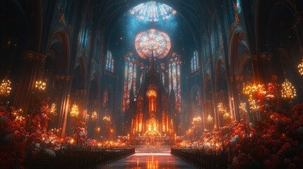 Fototapeta premium Ornate gothic cathedral, candlelit, floral decorations.