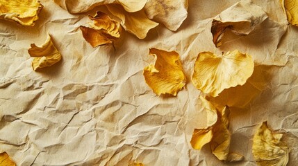 Fototapeta premium 82.Close-up of dried, curled leaves in shades of yellow and brown on a textured paper background, highlighting the raw beauty of autumn with subtle natural details.