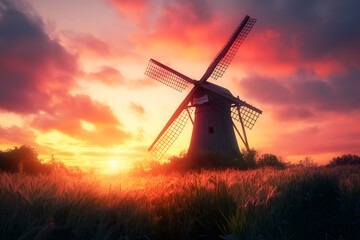 Windmill in a peaceful rural landscape, silhouetted against a glowing sunset sky