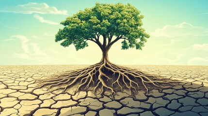 119.Tree illustration with deep roots stretching into the ground, overcoming dry, cracked soil, highlighting resilience and renewal for World Environment Day, with #GenerationRestoration as a theme.
