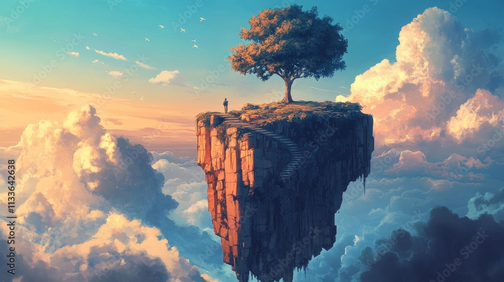 Poster a man stands on the edge of a floating island, which hovers above a sea of clouds. a single large tr