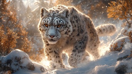 Fototapeta premium Majestic snow leopard, winter wonderland.
