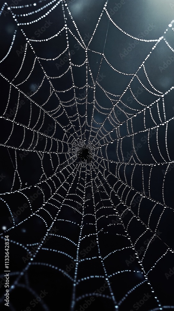 Poster close-up spider web covered with water droplets. delicate web design on dark background. nature deta