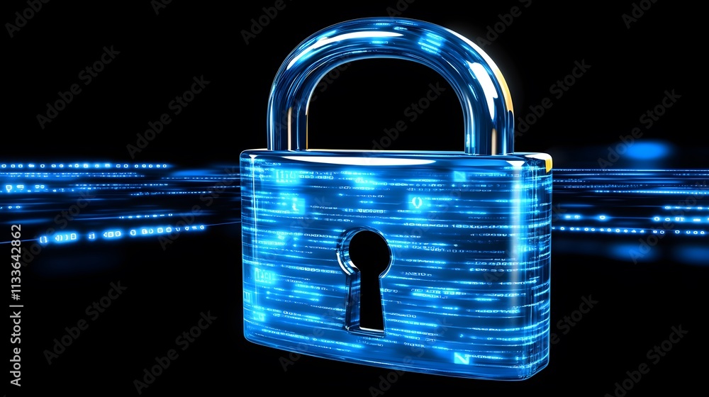 Poster a blue, glass padlock with digital code flowing through it, set against a dark background with lines