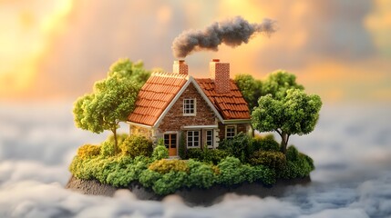 A charming cottage nestled on a cloud island, smoke gently rising from its chimney at sunset.