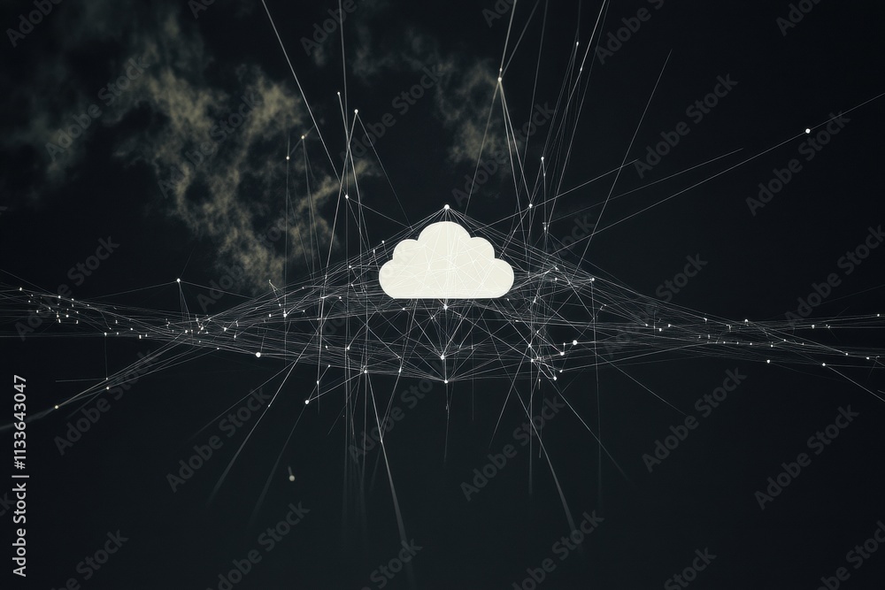 Aufkleber A simple cloud icon appears in the center, symbolizing cloud services, surrounded by an abstract network of lines, perfect for text insertion. Generative AI