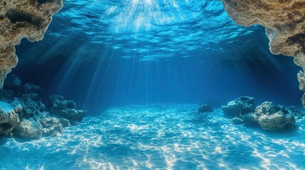 Sunbeams illuminate underwater cave, sandy bottom.