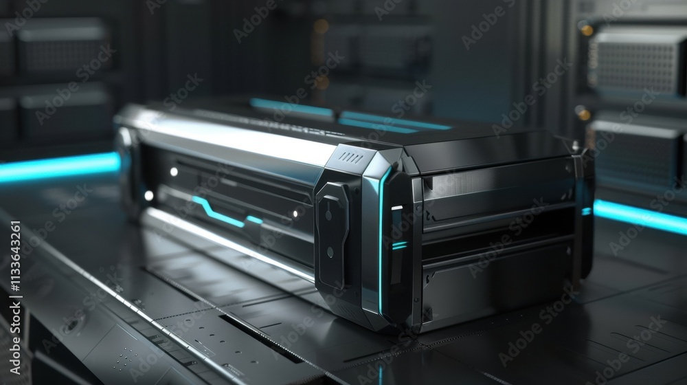 Poster modern server unit with glowing blue lights processing big data in a dark server room, highlighting 