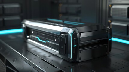 Modern server unit with glowing blue lights processing big data in a dark server room, highlighting the concept of advanced computing and information technology