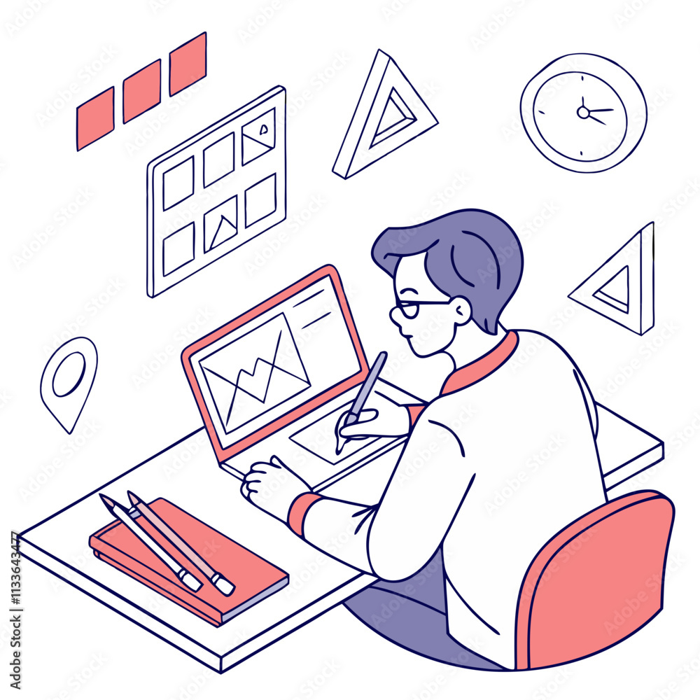 Poster lean design student engaged in creative work at a desk with a laptop and design tools in a modern wo