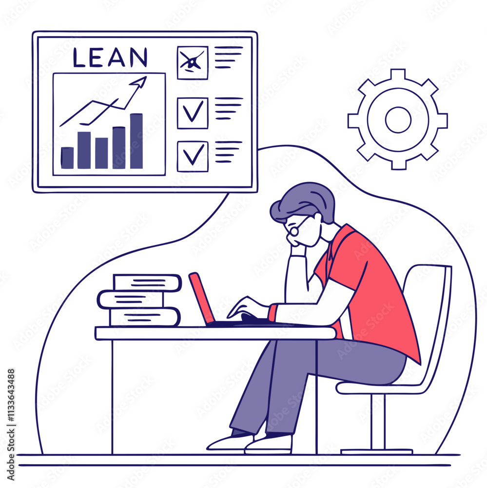 Poster lean management student studying performance metrics and analyzing data at a desk with books