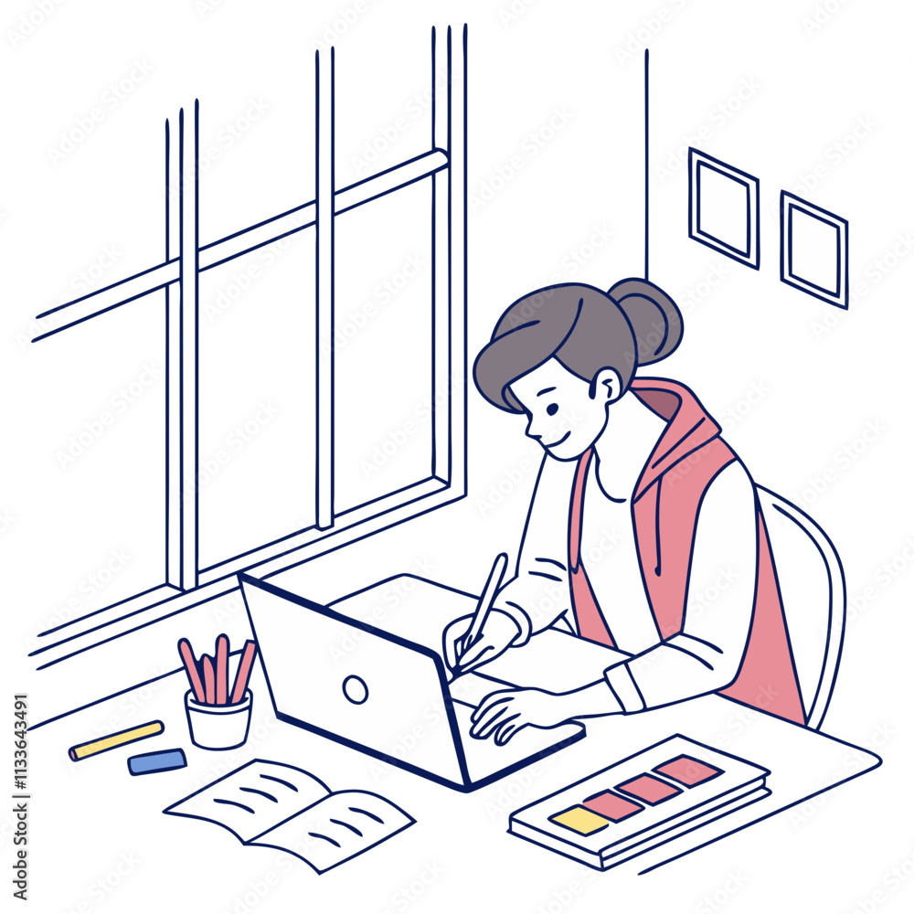 Poster design student focused on project work at a bright workspace during the day