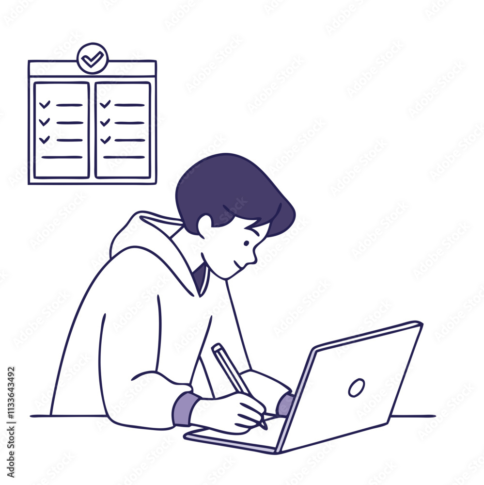 Poster Lean design student focused on tasks while working on a laptop in a minimalistic workspace