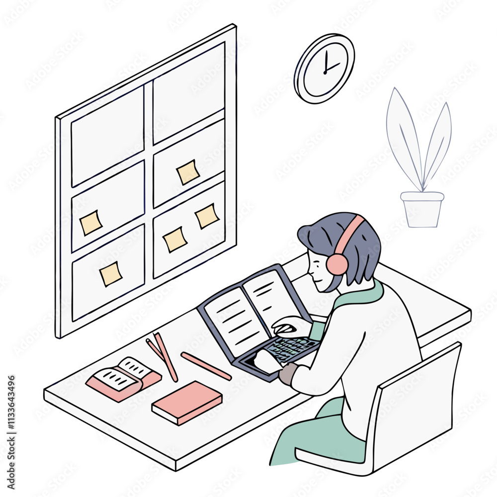 Poster lean management student studying and organizing tasks at a desk with a clock and plant