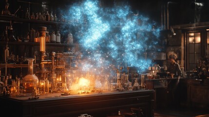 Alchemical experiment, glowing blue sparks, dark laboratory.
