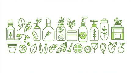 26.Collection of simple line icons in green, featuring eco, bio, and organic symbols for packaging, each icon representing fresh, natural ingredients and environmentally friendly products.