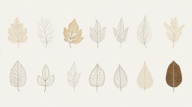 47.Array of simple yet elegant leaf icons, with varying shapes and veins, designed for eco-conscious and bio-friendly labels on a clean white background.