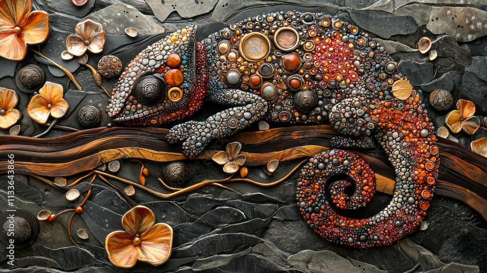 Fototapete Vibrant chameleon displays a breathtaking array of colors and intricate patterns, perched on a textured surface amidst delicate flowers and stones, capturing nature's artistic beauty