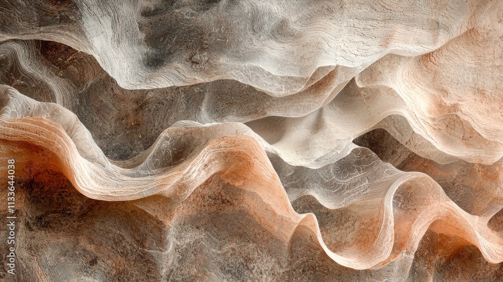 Poster Delicate layers of rock create a mesmerizing visual of flowing textures and colors under gentle light. Nature’s artistry reveals intricate patterns that captivate the observer