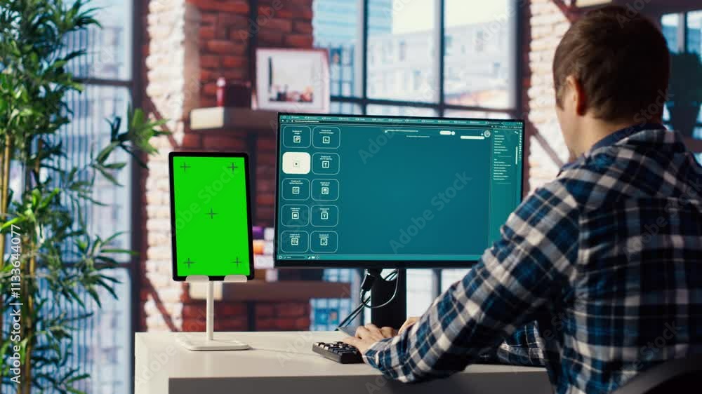 Fototapete man looking at tutorial on green screen tablet to learn how to use text to video generative models. 
